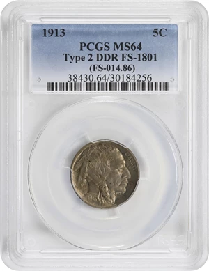 image for: 1913 Buffalo Nickel. Type II. FS-1801. Doubled Die Obverse. MS-64 (PCGS).