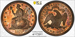 image for: 1870 Pattern Dollar. Judd-1014, Pollock-1148. Rarity-7-. Silver. Reeded Edge. Proof-65+ Cameo (PCGS). CAC.