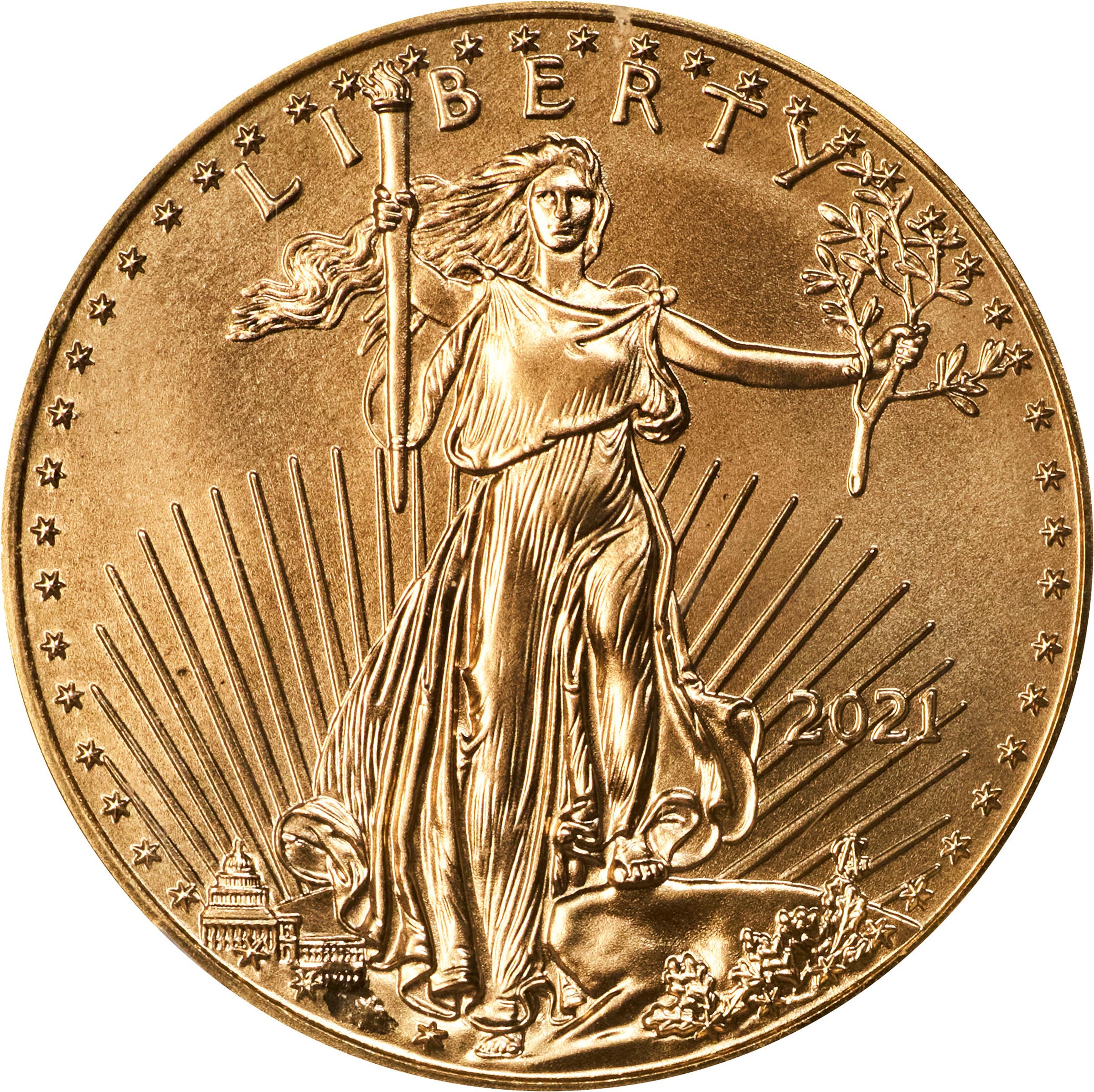 image for: 2021 Half-Ounce Gold Eagle. Type I, Family of Eagles. Obverse Struck Through. MS-69 (NGC).