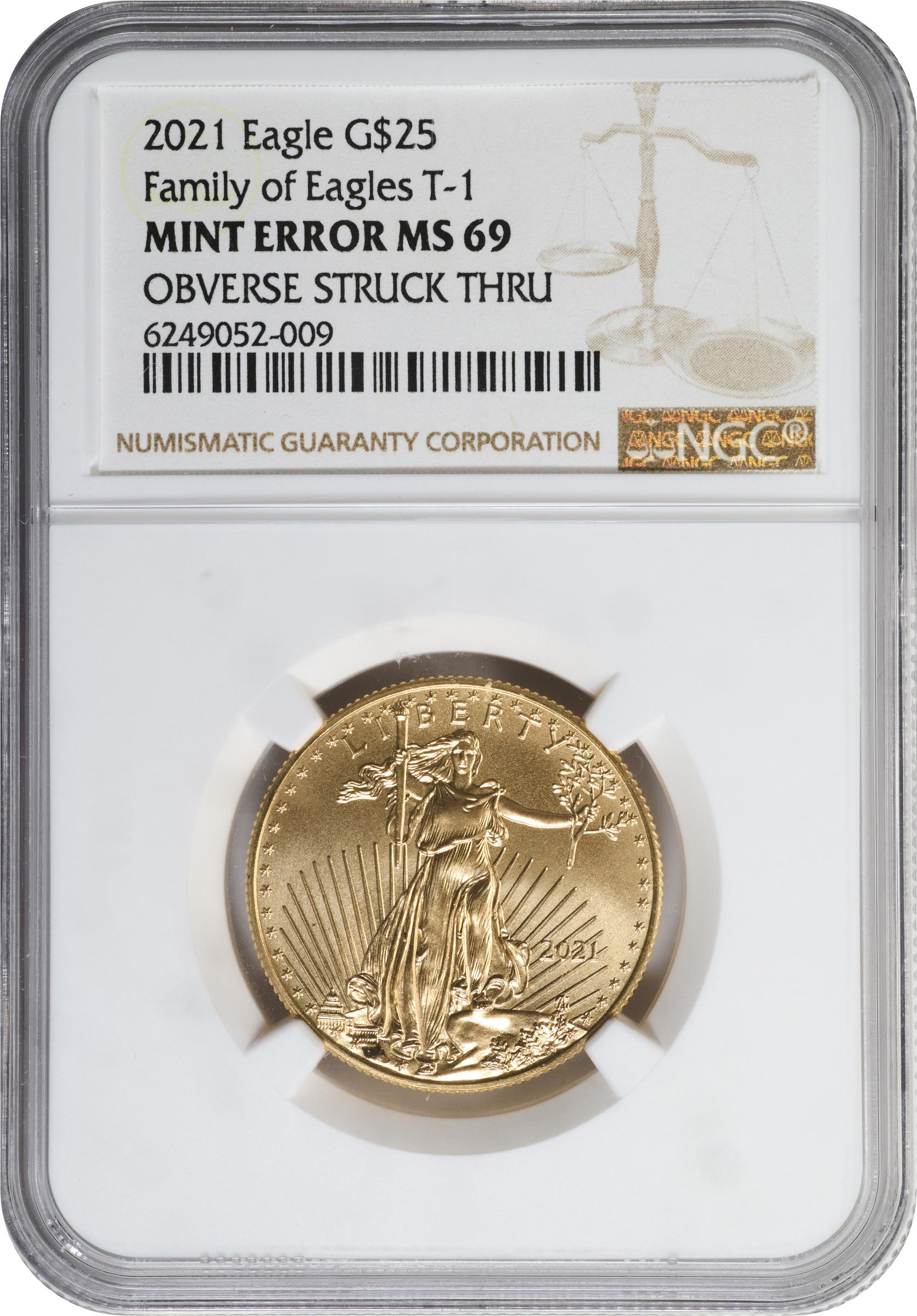 image for: 2021 Half-Ounce Gold Eagle. Type I, Family of Eagles. Obverse Struck Through. MS-69 (NGC).