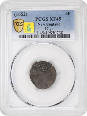 image for: Undated (1652) NE Threepence. Noe 1-A, Salmon 1-A, W-1. Rarity-8. EF-45 (PCGS). CMQ-X.