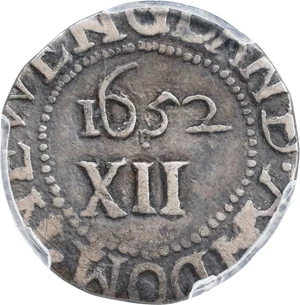 image for: 1652 Oak Tree Shilling. Noe-5, Salmon 3-D, W-470. Rarity-2. IN at Bottom. Fine Details--Excessively Clipped (PCGS).