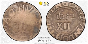image for: 1652 Oak Tree Shilling. Noe-5, Salmon 3-D, W-470. Rarity-2. IN at Bottom. Fine Details--Excessively Clipped (PCGS).