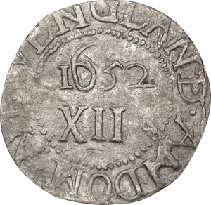 image for: 1652 Oak Tree Shilling. Noe-6, Salmon 4-D, W-480. Rarity-6. IN at Bottom. EF Details--Environmental Damage (PCGS).