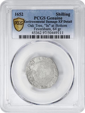 image for: 1652 Oak Tree Shilling. Noe-6, Salmon 4-D, W-480. Rarity-6. IN at Bottom. EF Details--Environmental Damage (PCGS).