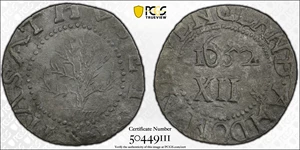 image for: 1652 Oak Tree Shilling. Noe-6, Salmon 4-D, W-480. Rarity-6. IN at Bottom. EF Details--Environmental Damage (PCGS).