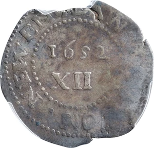 image for: 1652 Oak Tree Shilling. Noe-12, Salmon 9a-Fii, W-510. Rarity-6. IN at Bottom. Fine-12 (PCGS).