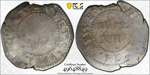 image for: 1652 Oak Tree Shilling. Noe-12, Salmon 9a-Fii, W-510. Rarity-6. IN at Bottom. Fine-12 (PCGS).