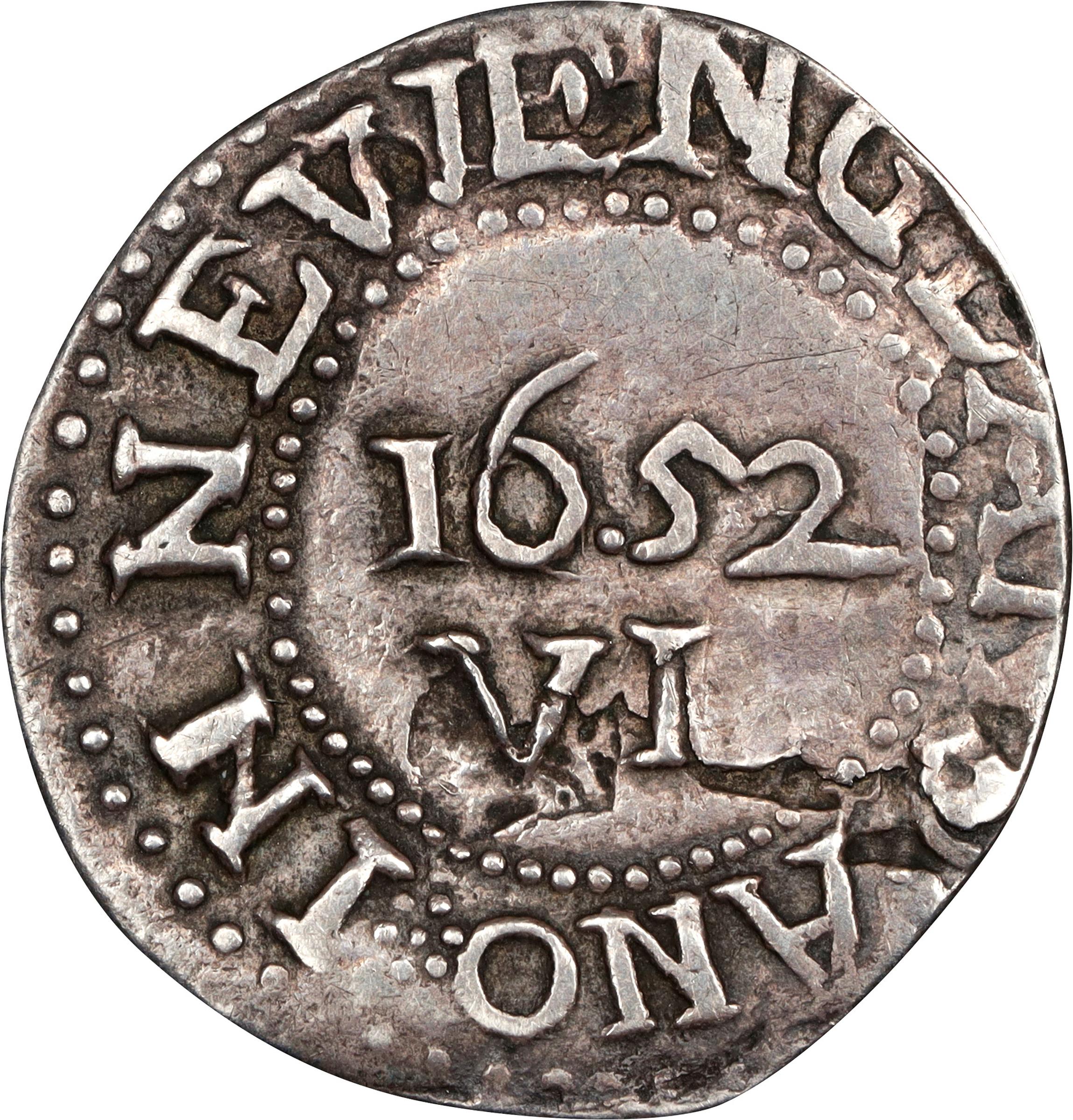 image for: 1652 Oak Tree Sixpence. Noe-16, Salmon 1-A, W-360. Rarity-5. IN on Reverse. VF-20 (PCGS).