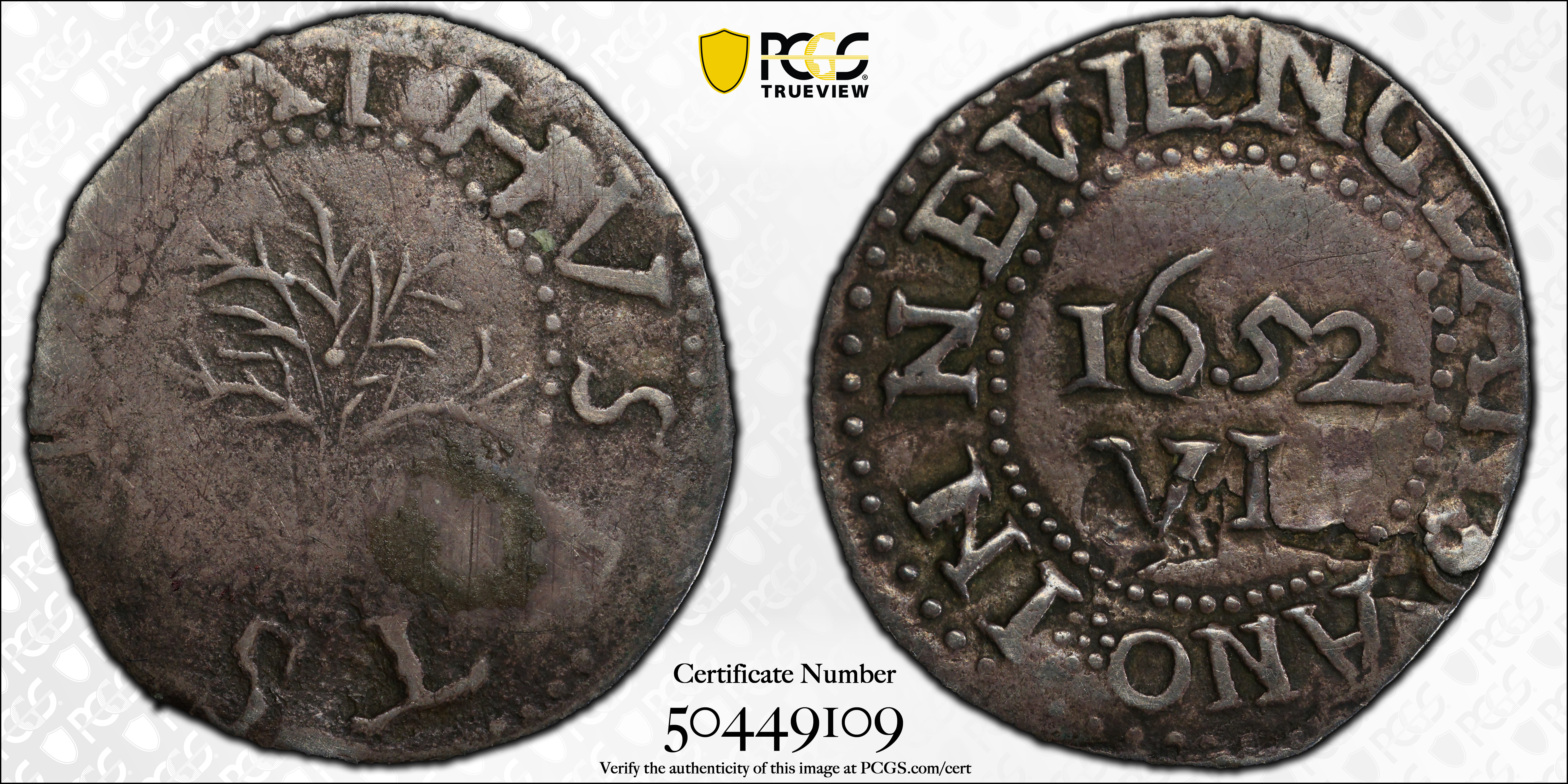 image for: 1652 Oak Tree Sixpence. Noe-16, Salmon 1-A, W-360. Rarity-5. IN on Reverse. VF-20 (PCGS).