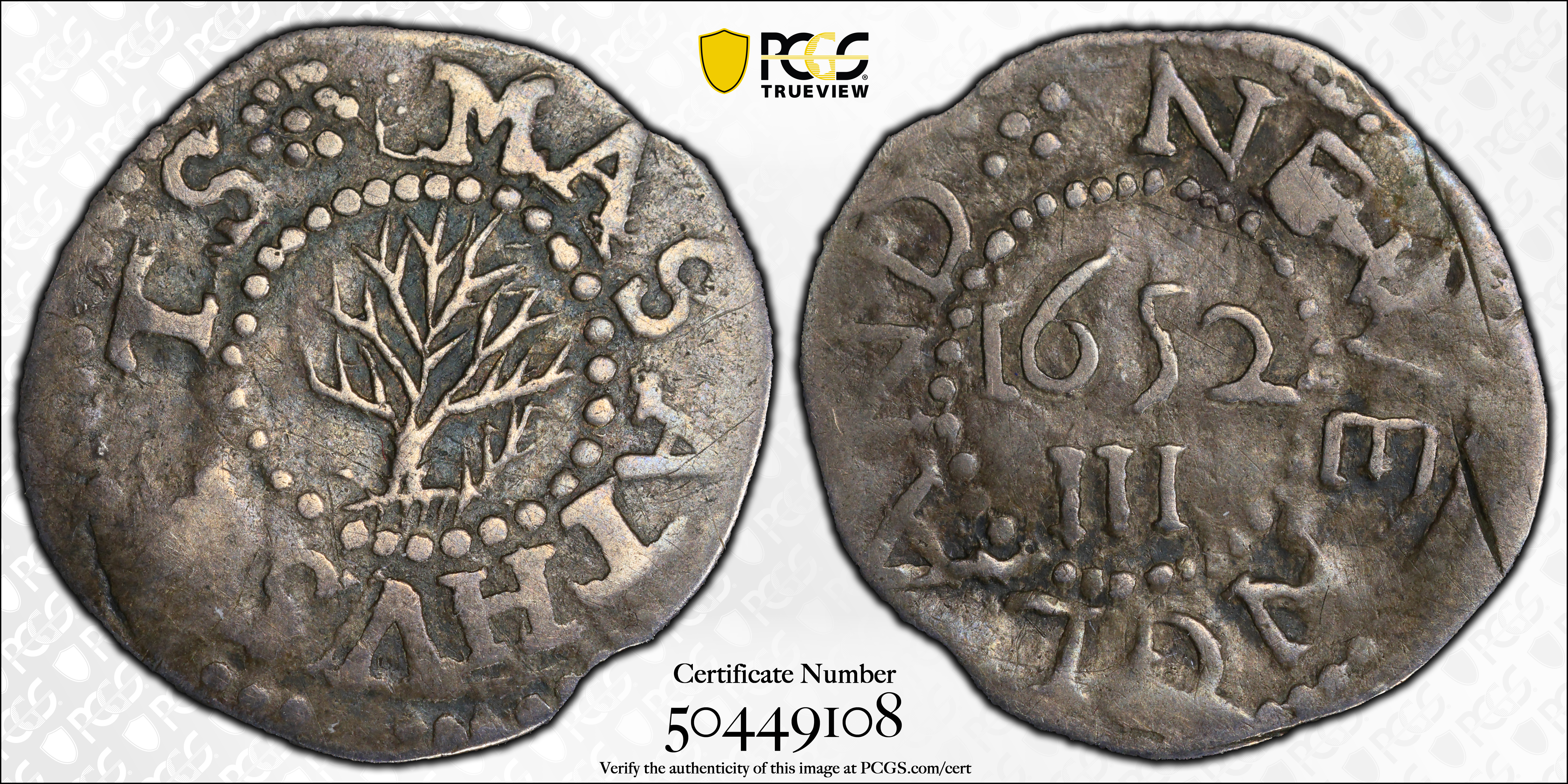 image for: 1652 Oak Tree Threepence. Noe-27, Salmon 5-Aii, W-300. Rarity-5. No IN on Obverse. VF-30 (PCGS).
