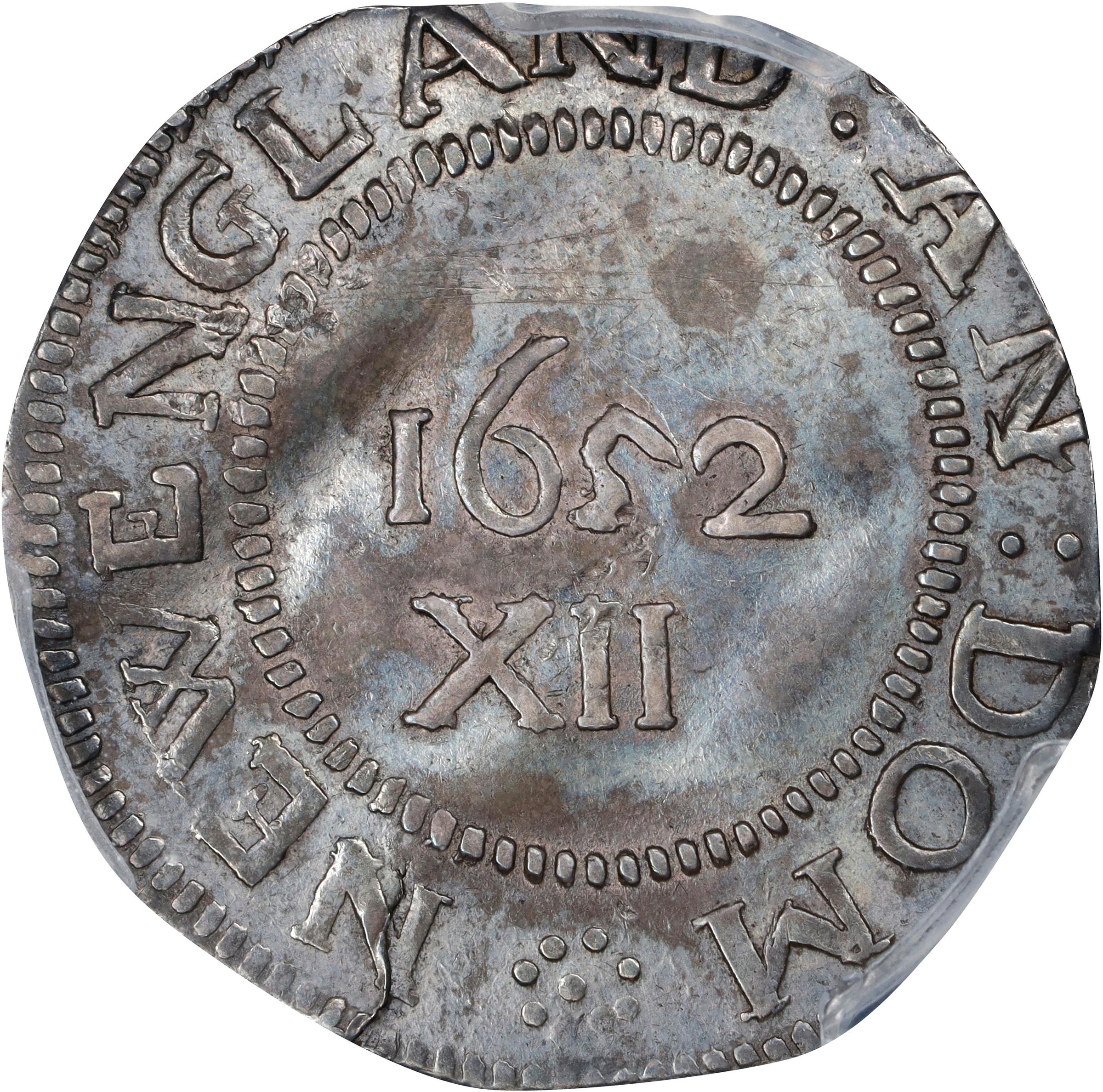 image for: 1652 Pine Tree Shilling. Large Planchet. Noe-1, Salmon 1-A, W-690. Rarity-2. Pellets at Trunk. AU Details--Damage (PCGS).