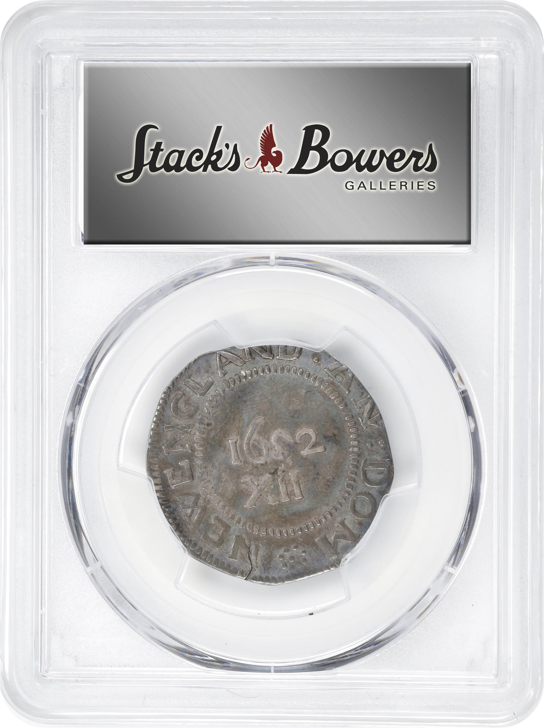 image for: 1652 Pine Tree Shilling. Large Planchet. Noe-1, Salmon 1-A, W-690. Rarity-2. Pellets at Trunk. AU Details--Damage (PCGS).