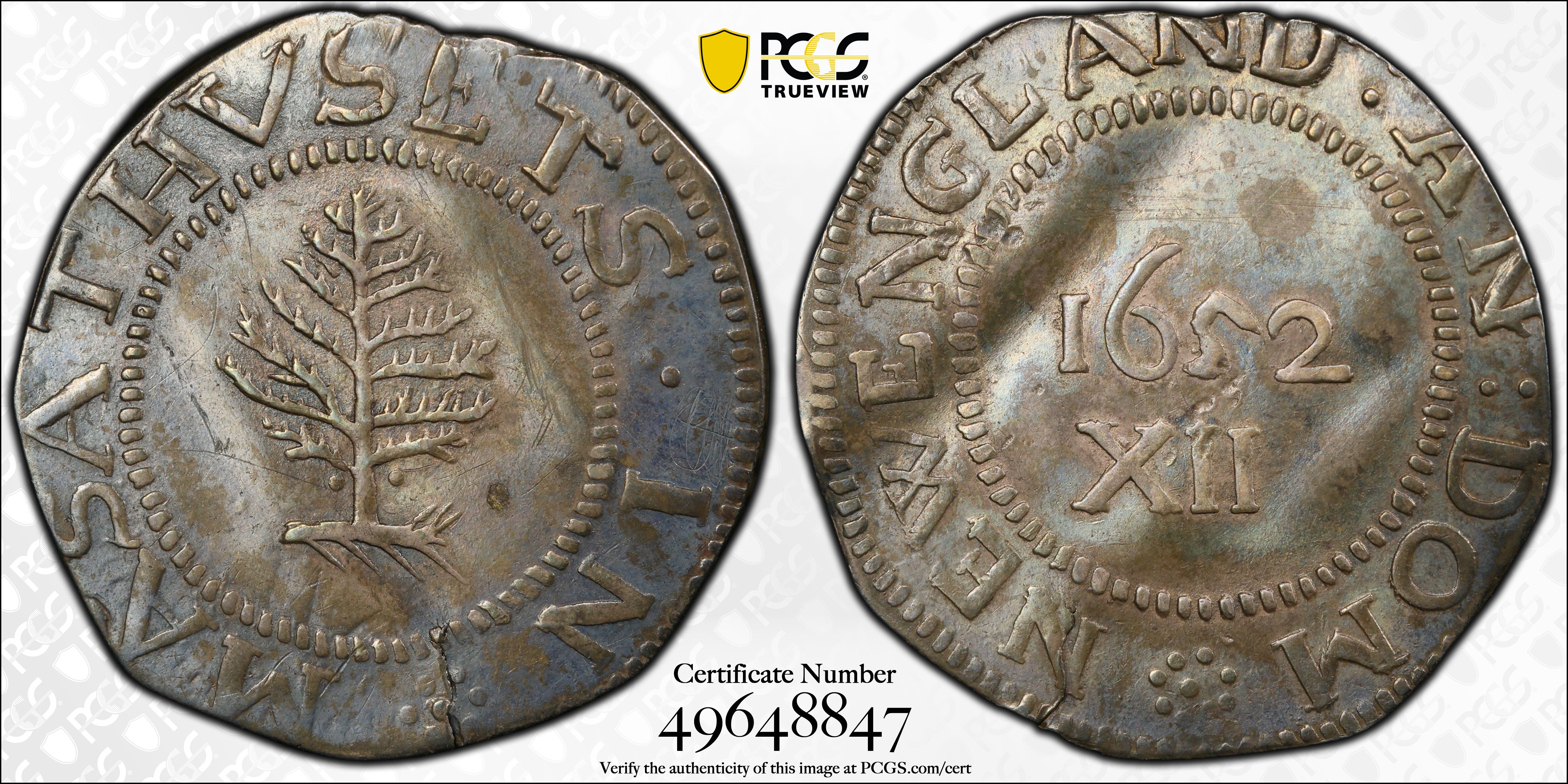 image for: 1652 Pine Tree Shilling. Large Planchet. Noe-1, Salmon 1-A, W-690. Rarity-2. Pellets at Trunk. AU Details--Damage (PCGS).