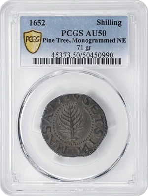 image for: 1652 Pine Tree Shilling. Large Planchet. Noe-8, Salmon 7-E, W-740. Rarity-4. Without Pellets at Trunk, Ligatured NE in Legend. AU-50 (PCGS).