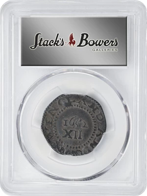image for: 1652 Pine Tree Shilling. Large Planchet. Noe-8, Salmon 7-E, W-740. Rarity-4. Without Pellets at Trunk, Ligatured NE in Legend. AU-50 (PCGS).