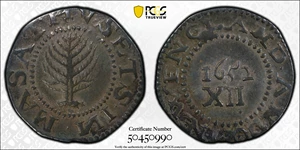 image for: 1652 Pine Tree Shilling. Large Planchet. Noe-8, Salmon 7-E, W-740. Rarity-4. Without Pellets at Trunk, Ligatured NE in Legend. AU-50 (PCGS).