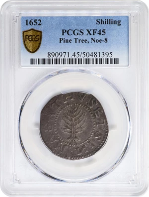 image for: 1652 Pine Tree Shilling. Large Planchet. Noe-8, Salmon 7-E, W-740. Rarity-4. Without Pellets at Trunk, Ligatured NE in Legend. EF-45 (PCGS).