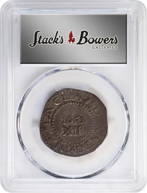 image for: 1652 Pine Tree Shilling. Large Planchet. Noe-8, Salmon 7-E, W-740. Rarity-4. Without Pellets at Trunk, Ligatured NE in Legend. EF-45 (PCGS).