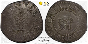 image for: 1652 Pine Tree Shilling. Large Planchet. Noe-8, Salmon 7-E, W-740. Rarity-4. Without Pellets at Trunk, Ligatured NE in Legend. EF-45 (PCGS).