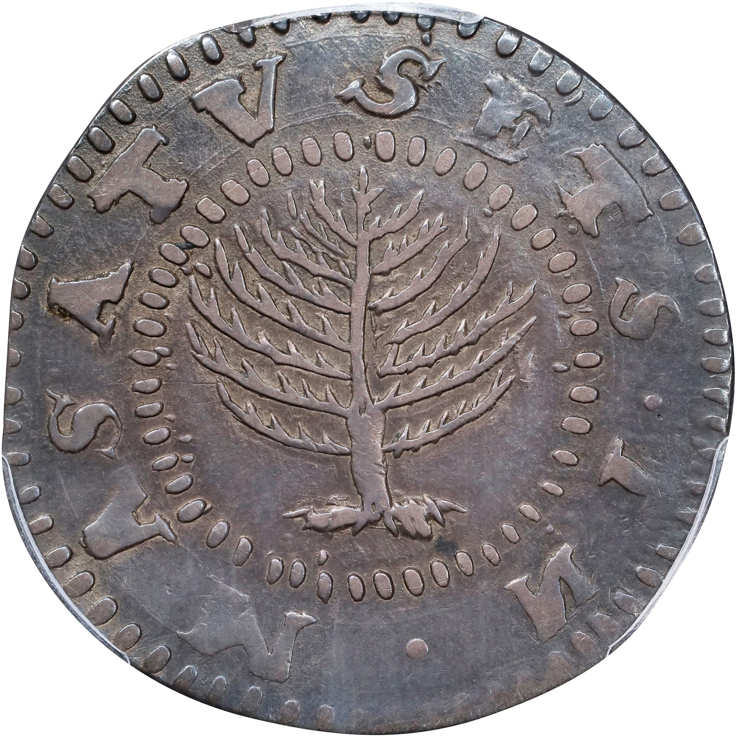 image for: 1652 Pine Tree Shilling. Large Planchet. Noe-11, Salmon 9-F, W-760. Rarity-4. Without Pellets at Trunk, No H in MASATVSETS. EF-45 (PCGS).