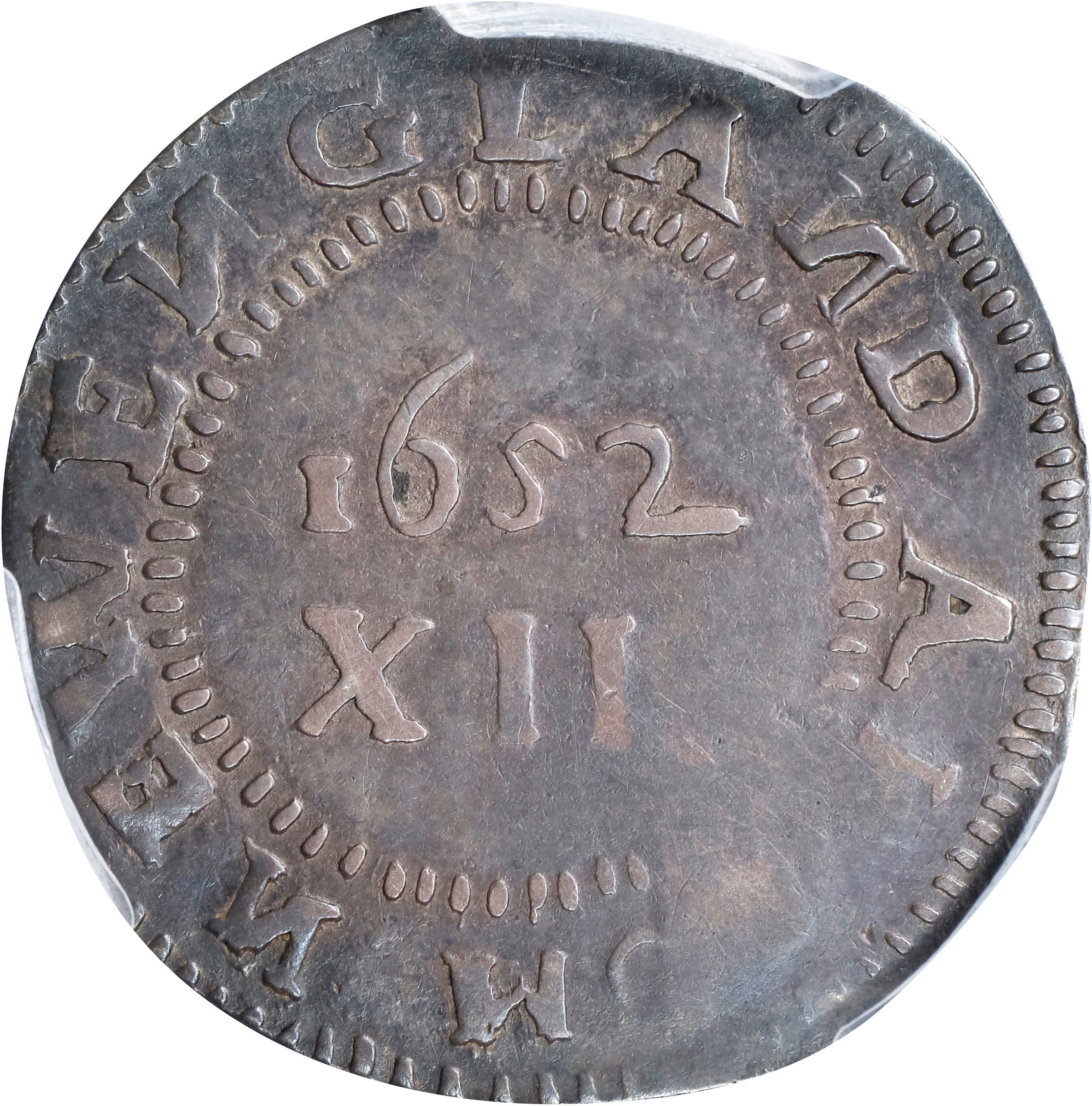 image for: 1652 Pine Tree Shilling. Large Planchet. Noe-11, Salmon 9-F, W-760. Rarity-4. Without Pellets at Trunk, No H in MASATVSETS. EF-45 (PCGS).