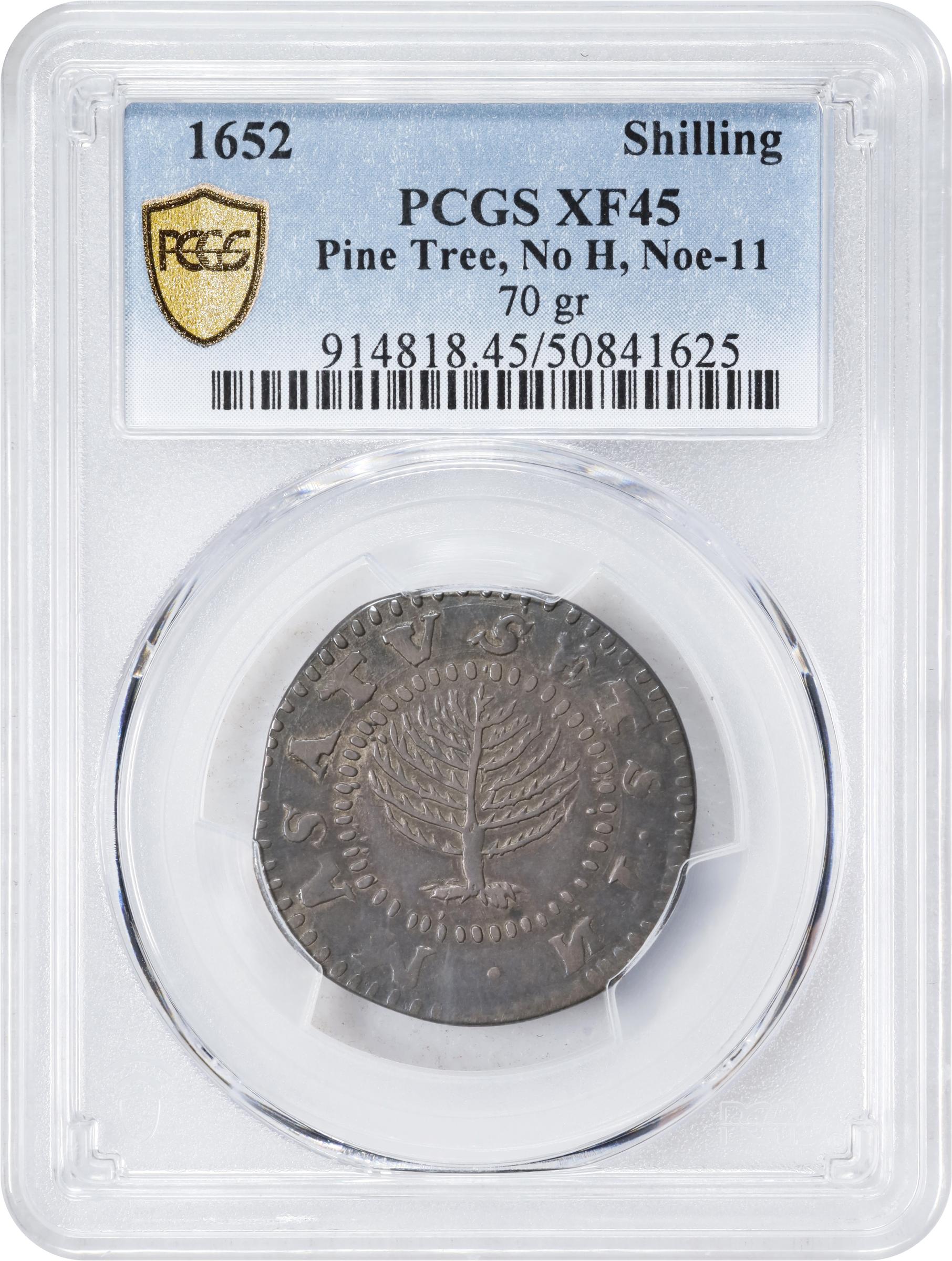 image for: 1652 Pine Tree Shilling. Large Planchet. Noe-11, Salmon 9-F, W-760. Rarity-4. Without Pellets at Trunk, No H in MASATVSETS. EF-45 (PCGS).