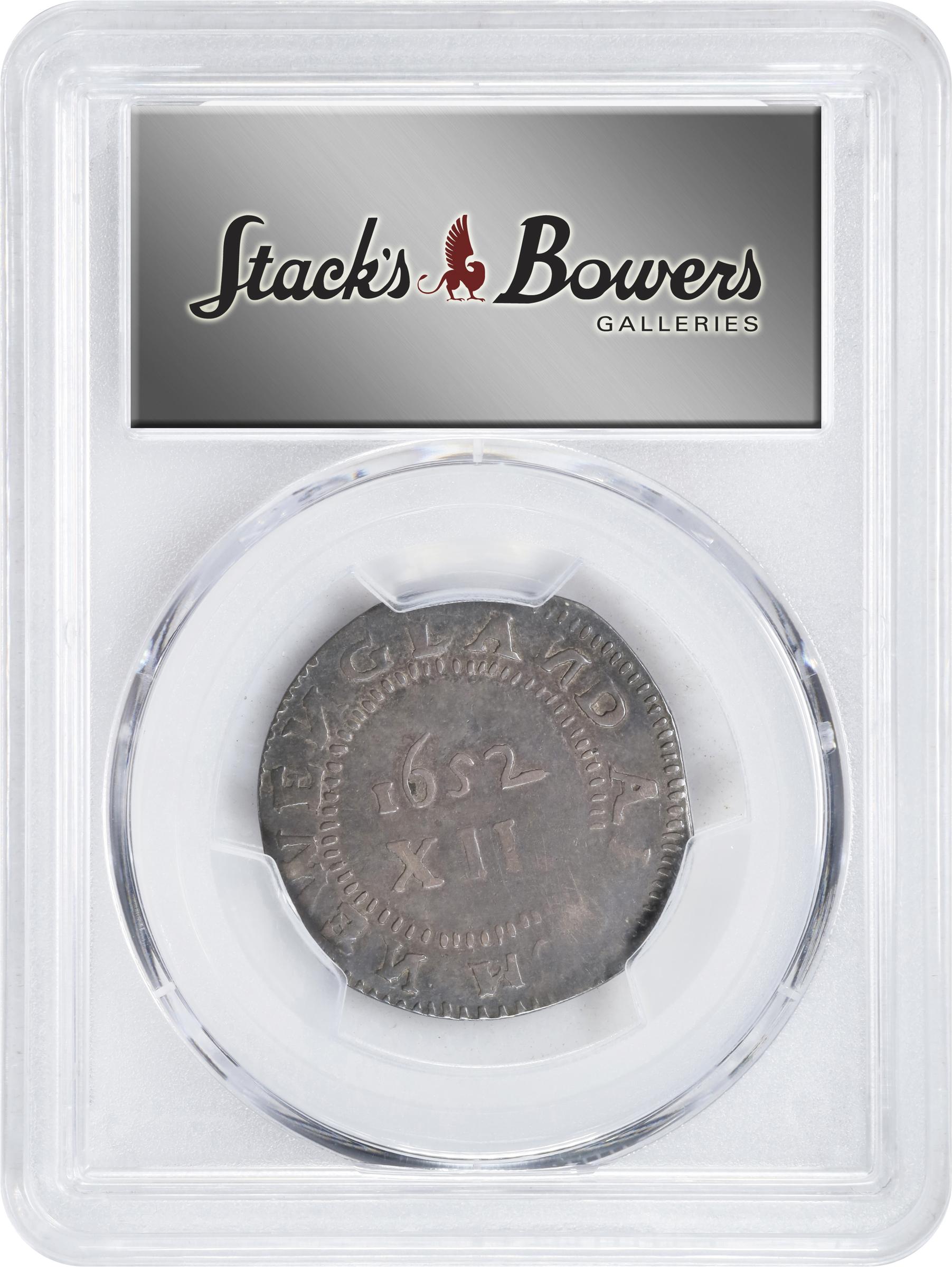 image for: 1652 Pine Tree Shilling. Large Planchet. Noe-11, Salmon 9-F, W-760. Rarity-4. Without Pellets at Trunk, No H in MASATVSETS. EF-45 (PCGS).