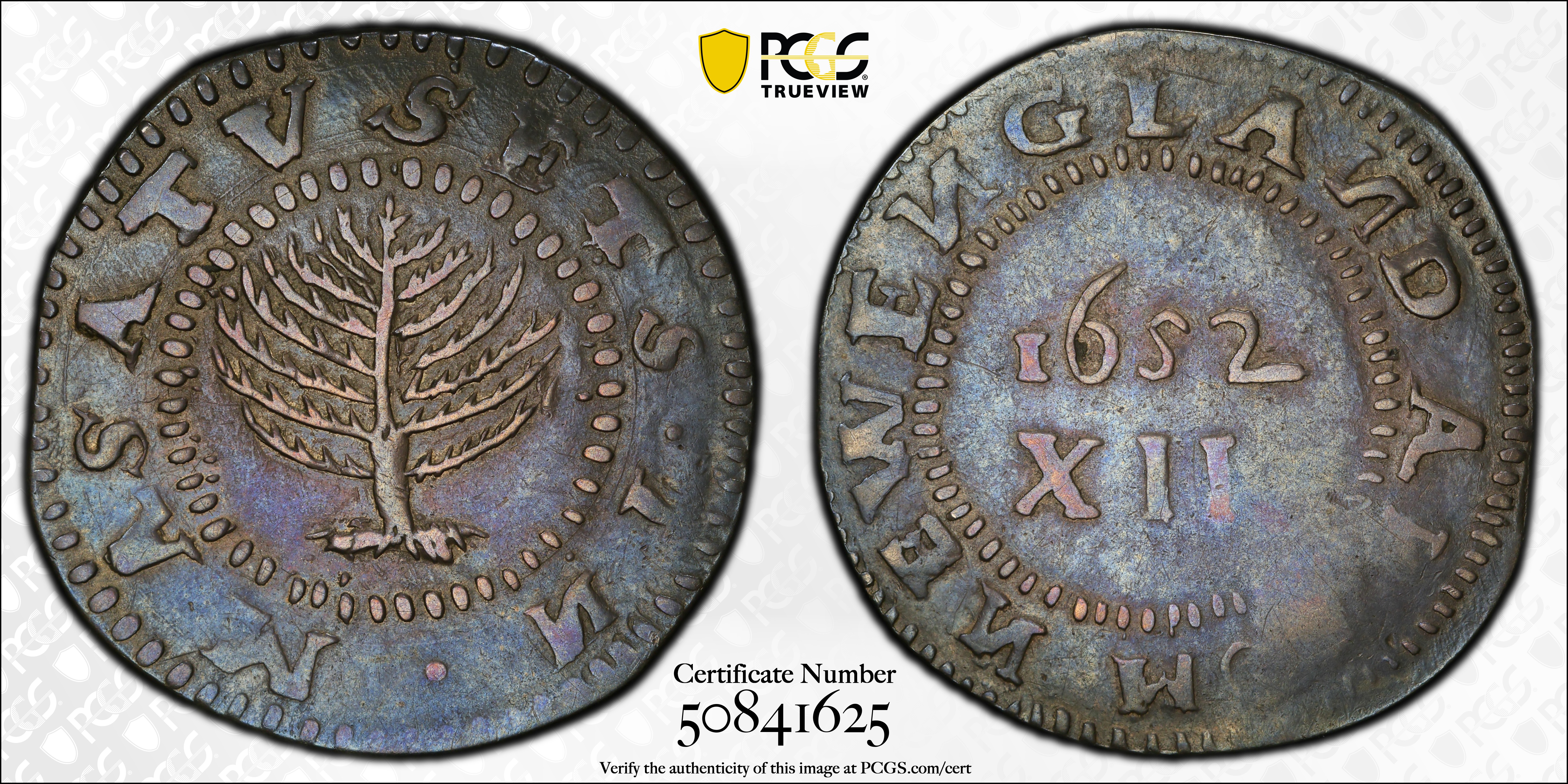 image for: 1652 Pine Tree Shilling. Large Planchet. Noe-11, Salmon 9-F, W-760. Rarity-4. Without Pellets at Trunk, No H in MASATVSETS. EF-45 (PCGS).