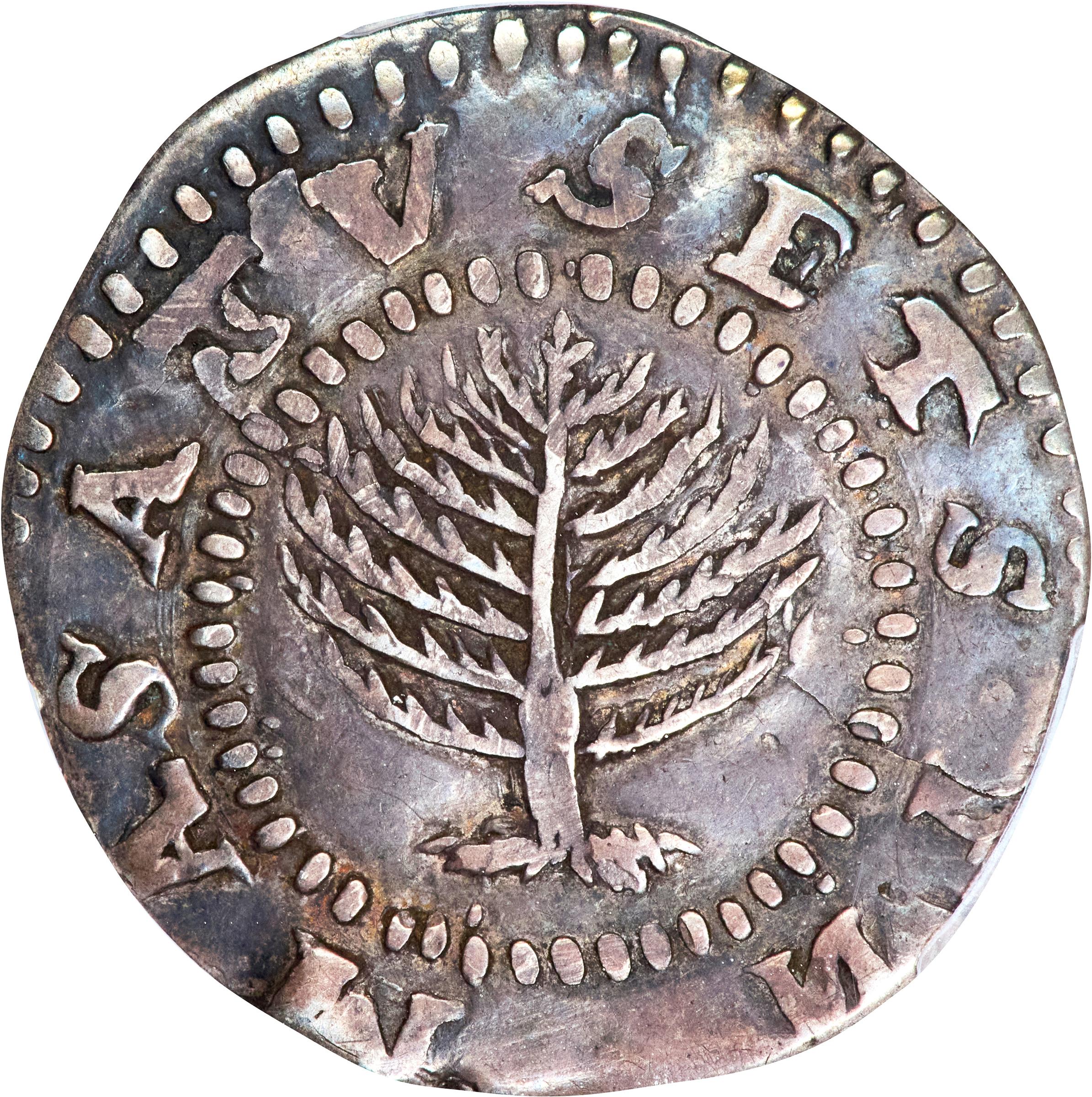 image for: 1652 Pine Tree Shilling. Large Planchet. Noe-11, Salmon 9-F, W-760. Rarity-4. Without Pellets at Trunk, No H in MASATVSETS. VF Details--Damage (PCGS).
