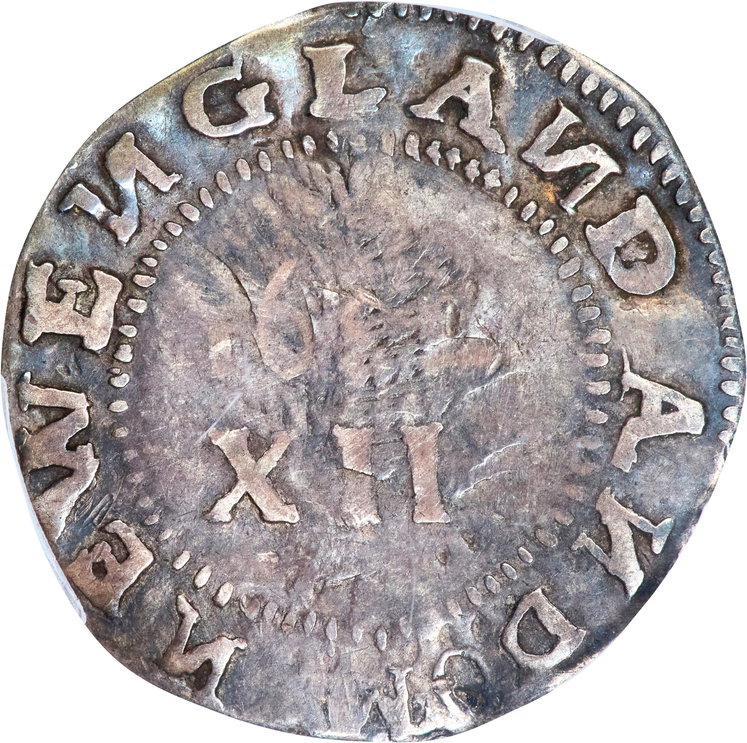 image for: 1652 Pine Tree Shilling. Large Planchet. Noe-11, Salmon 9-F, W-760. Rarity-4. Without Pellets at Trunk, No H in MASATVSETS. VF Details--Damage (PCGS).