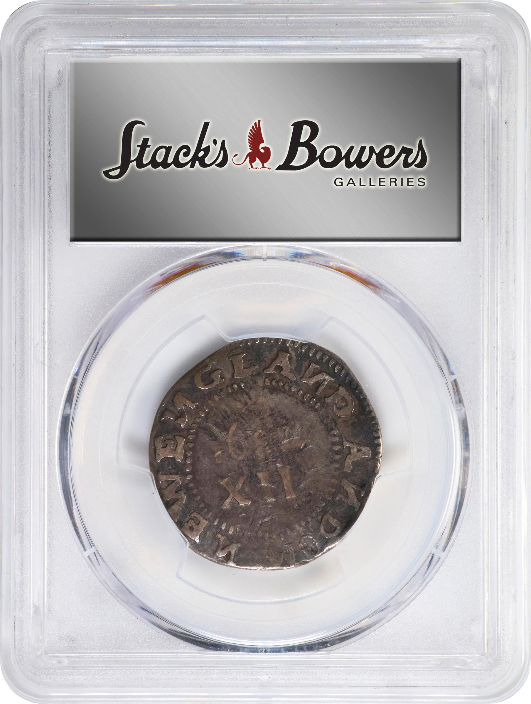 image for: 1652 Pine Tree Shilling. Large Planchet. Noe-11, Salmon 9-F, W-760. Rarity-4. Without Pellets at Trunk, No H in MASATVSETS. VF Details--Damage (PCGS).