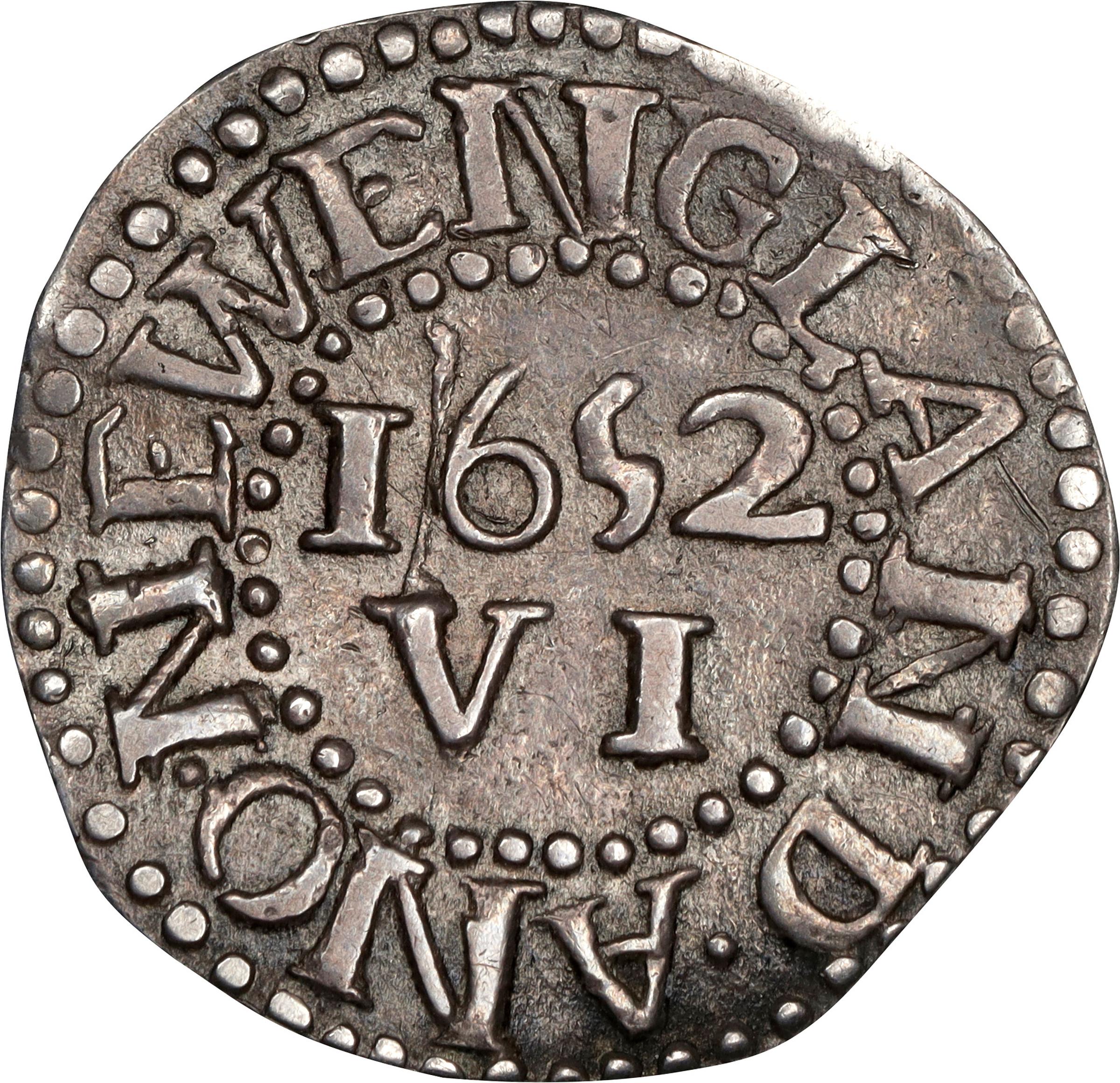 image for: 1652 Pine Tree Sixpence. Noe-33, Salmon 2-B, W-670. Rarity-3. Pellets at Trunk. AU-50 (PCGS).