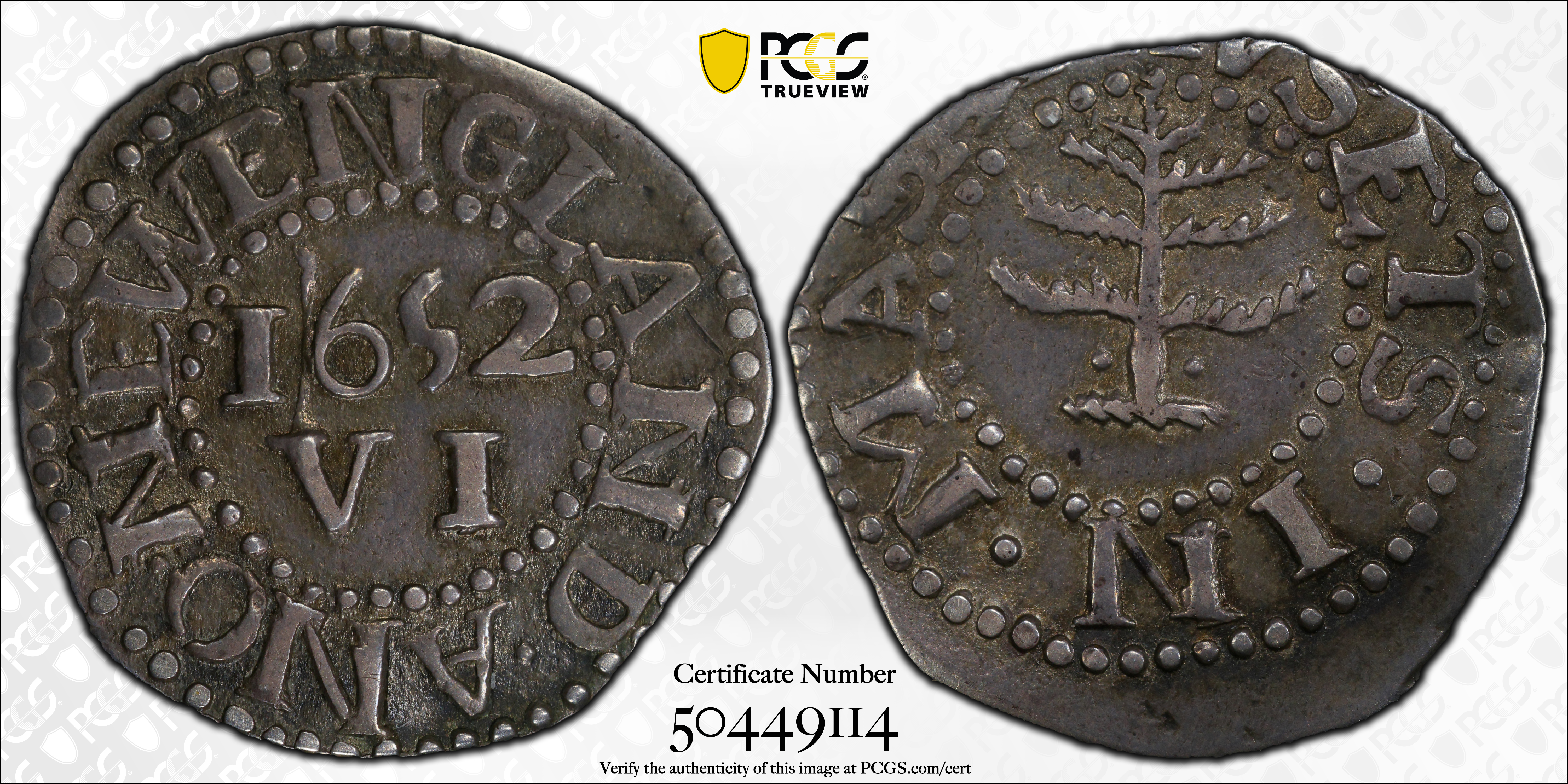 image for: 1652 Pine Tree Sixpence. Noe-33, Salmon 2-B, W-670. Rarity-3. Pellets at Trunk. AU-50 (PCGS).