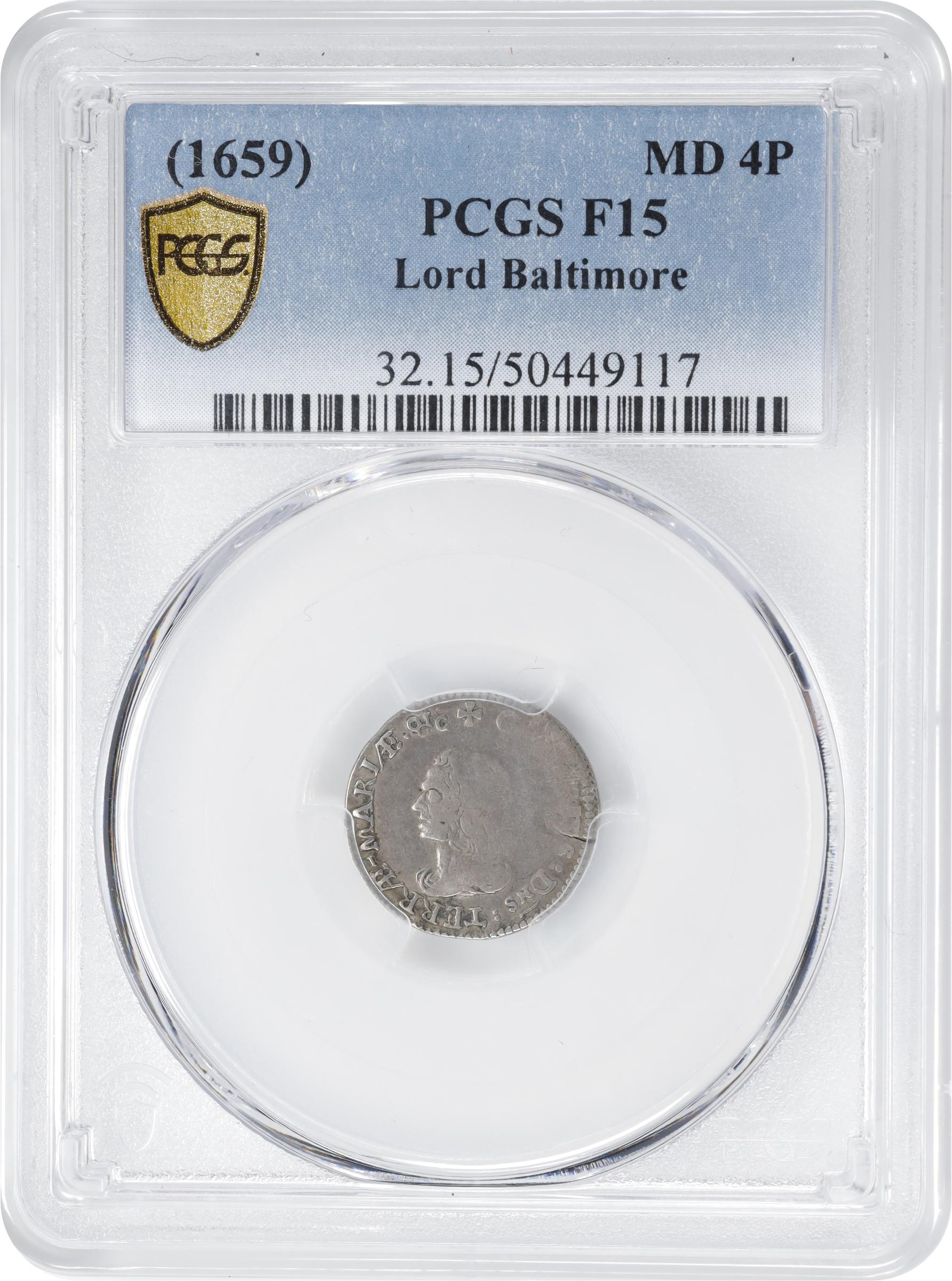 image for: 1659 Lord Baltimore Fourpence, or Groat. Hodder 1-A, W-1010. Rarity-6. Large Bust, Hyphen in TERRAE - MARIAE. Fine-15 (PCGS).