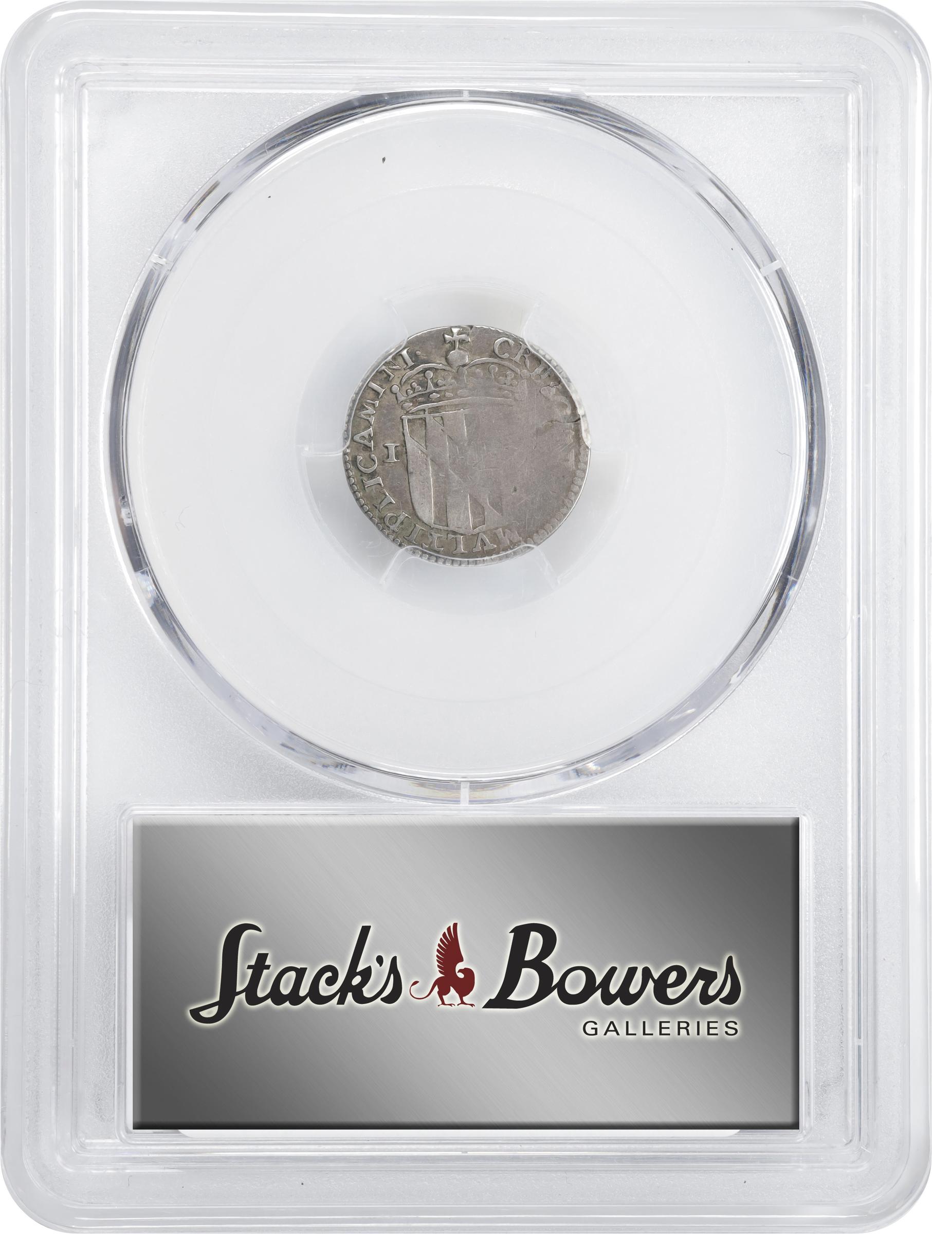 image for: 1659 Lord Baltimore Fourpence, or Groat. Hodder 1-A, W-1010. Rarity-6. Large Bust, Hyphen in TERRAE - MARIAE. Fine-15 (PCGS).