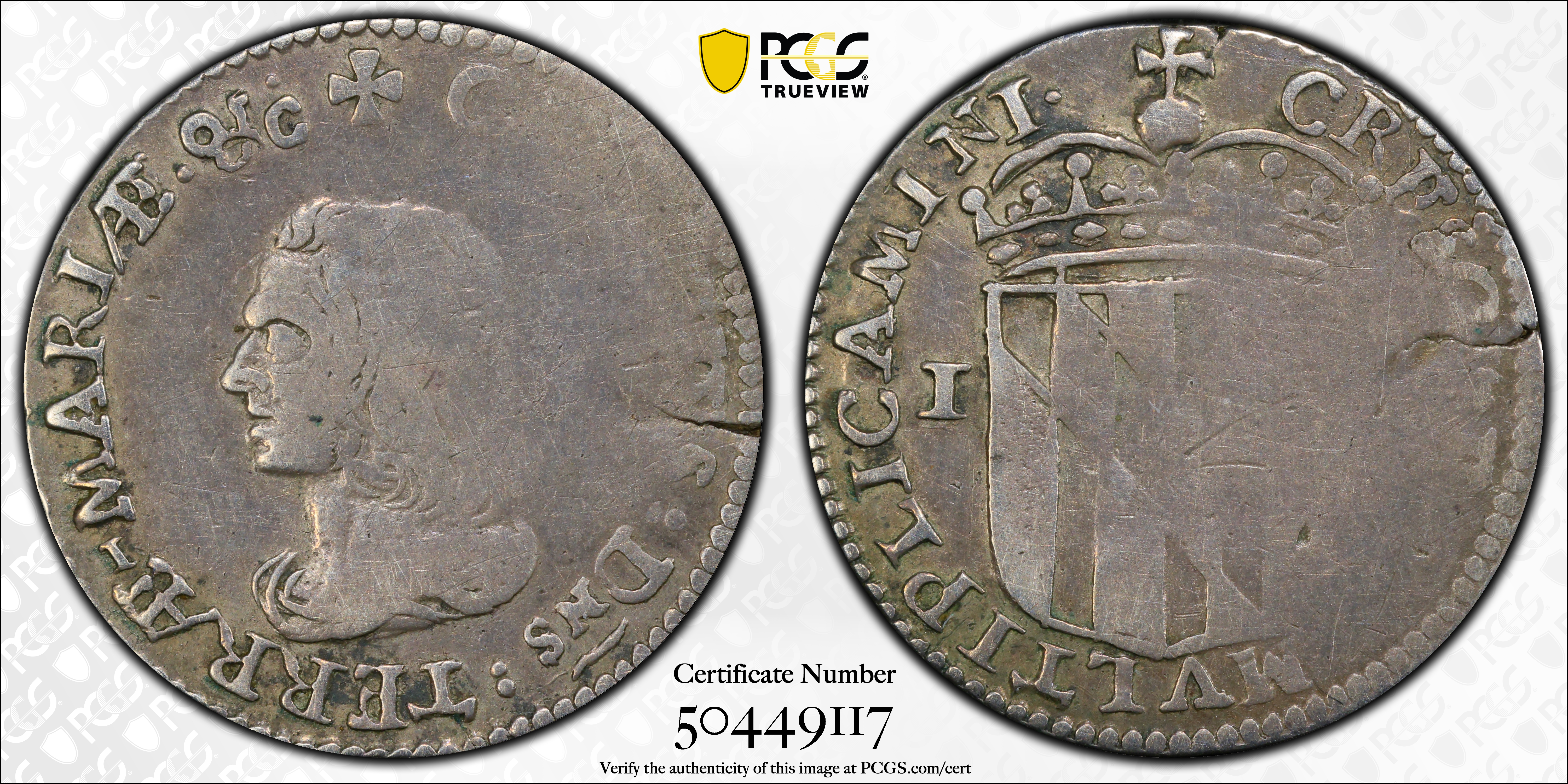 image for: 1659 Lord Baltimore Fourpence, or Groat. Hodder 1-A, W-1010. Rarity-6. Large Bust, Hyphen in TERRAE - MARIAE. Fine-15 (PCGS).