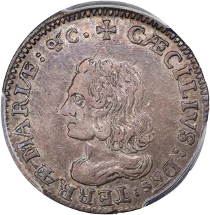 image for: Undated (1659) Lord Baltimore Sixpence. Hodder 2-C, W-1060. Rarity-5. Small Bust, No Stop. Silver. EF-45 (PCGS).