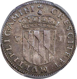 image for: Undated (1659) Lord Baltimore Sixpence. Hodder 2-C, W-1060. Rarity-5. Small Bust, No Stop. Silver. EF-45 (PCGS).