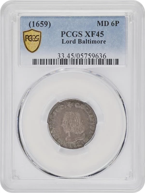 image for: Undated (1659) Lord Baltimore Sixpence. Hodder 2-C, W-1060. Rarity-5. Small Bust, No Stop. Silver. EF-45 (PCGS).