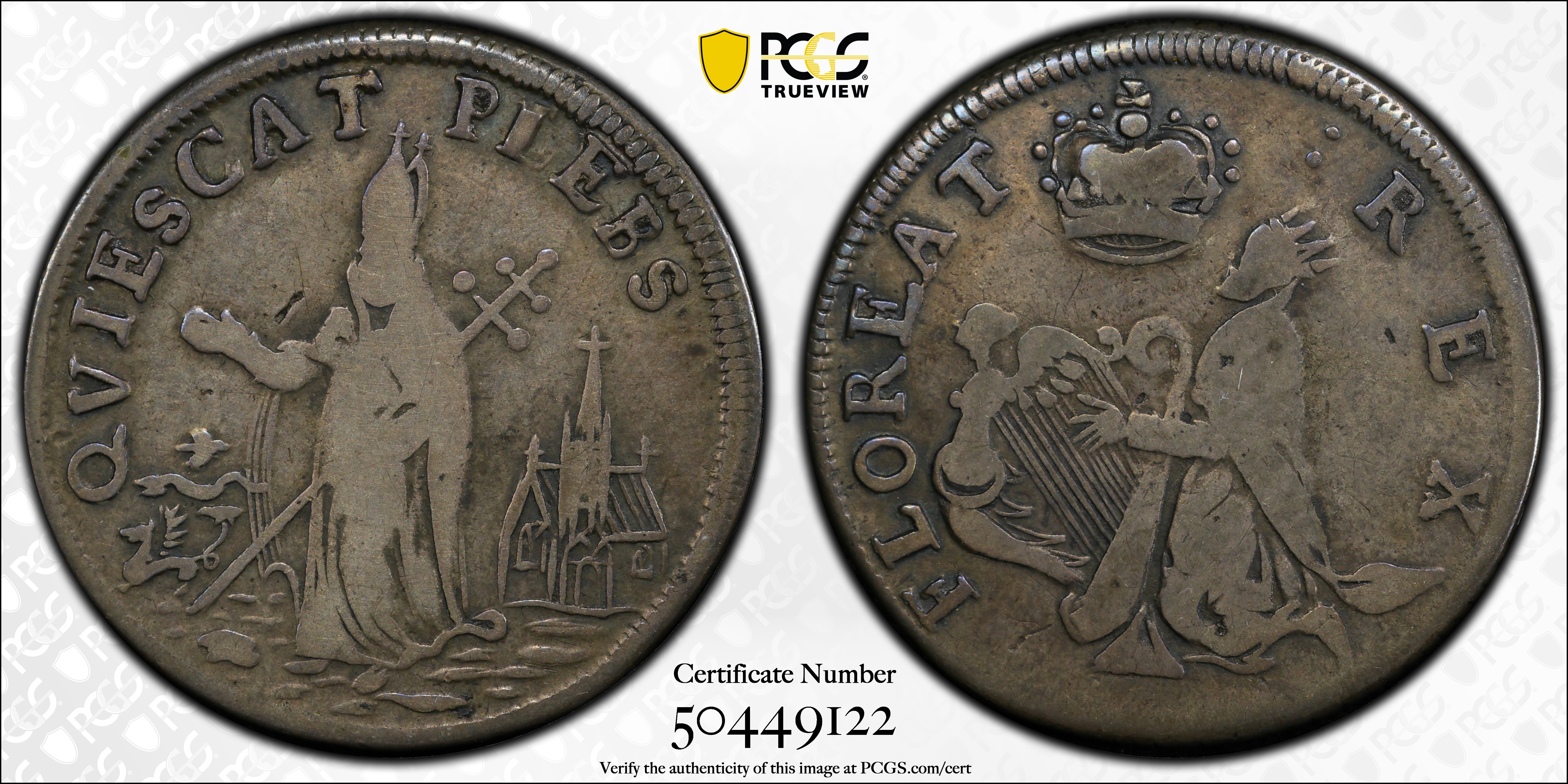 image for: Undated (ca. 1652-1674) St. Patrick Farthing. Martin 1d.1-Ba.11, W-11520. Rarity-6+. Silver. Nothing Below King. Fine-15 (PCGS).
