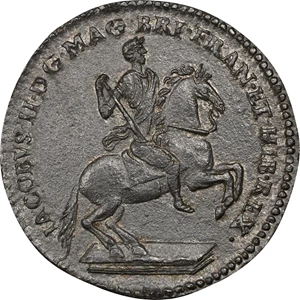 image for: Undated (1688) American Plantations Token, or 1/24 Part Real. Original(?). Newman 4-E, W-1155. Rarity-4+. 7 Harp Strings. MS-61 (PCGS).