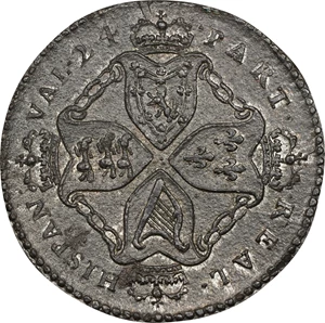 image for: Undated (1688) American Plantations Token, or 1/24 Part Real. Original(?). Newman 4-E, W-1155. Rarity-4+. 7 Harp Strings. MS-61 (PCGS).