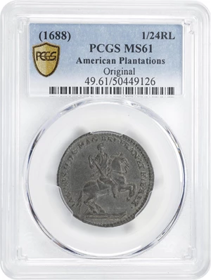 image for: Undated (1688) American Plantations Token, or 1/24 Part Real. Original(?). Newman 4-E, W-1155. Rarity-4+. 7 Harp Strings. MS-61 (PCGS).