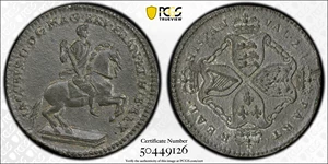 image for: Undated (1688) American Plantations Token, or 1/24 Part Real. Original(?). Newman 4-E, W-1155. Rarity-4+. 7 Harp Strings. MS-61 (PCGS).