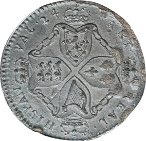 image for: Undated (ca. 1828) American Plantations Token, or 1/24 Part Real. Restrike. Newman 5-D, W-1140. Rarity-4+. 11 Harp Stings. AU Details--Environmental Damage (PCGS).
