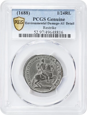 image for: Undated (ca. 1828) American Plantations Token, or 1/24 Part Real. Restrike. Newman 5-D, W-1140. Rarity-4+. 11 Harp Stings. AU Details--Environmental Damage (PCGS).