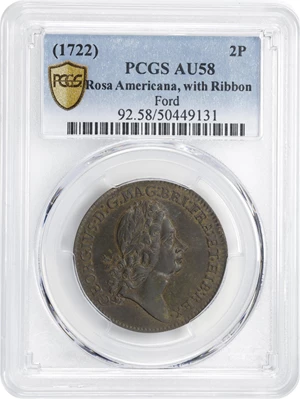 image for: Undated (1722) Rosa Americana Twopence. Martin 2.1-B.1, W-1322. Rarity-3. Motto in Ribbon. AU-58 (PCGS).