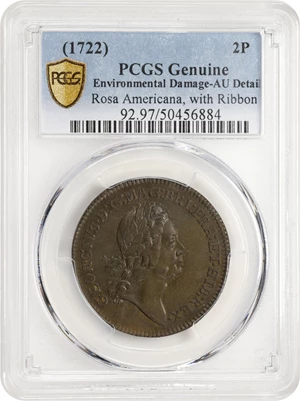 image for: Undated (1722) Rosa Americana Twopence. Martin 2.1-B.1, W-1322. Rarity-3. Motto in Ribbon. Double Struck. AU Details--Environmental Damage (PCGS).