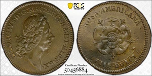 image for: Undated (1722) Rosa Americana Twopence. Martin 2.1-B.1, W-1322. Rarity-3. Motto in Ribbon. Double Struck. AU Details--Environmental Damage (PCGS).